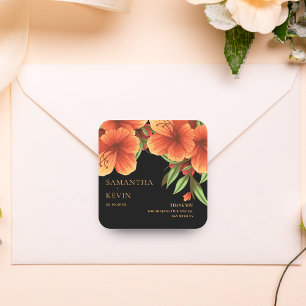 Sticker Carré Aquarelle Orange Mariage Floral Merci