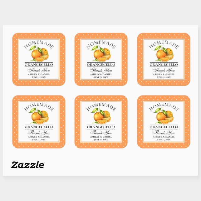 Sticker Carré Aquarelle Oranges Dots Orangecello Mariage Merci (Feuille)