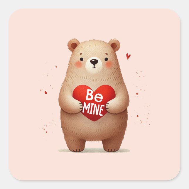 Sticker Carré Aquarelle Ours Coeur rouge xoxo Saint Valentin (Devant)