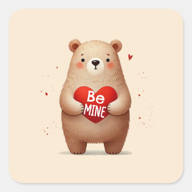 Sticker Carré Aquarelle Ours Coeur rouge xoxo Saint Valentin (Devant)