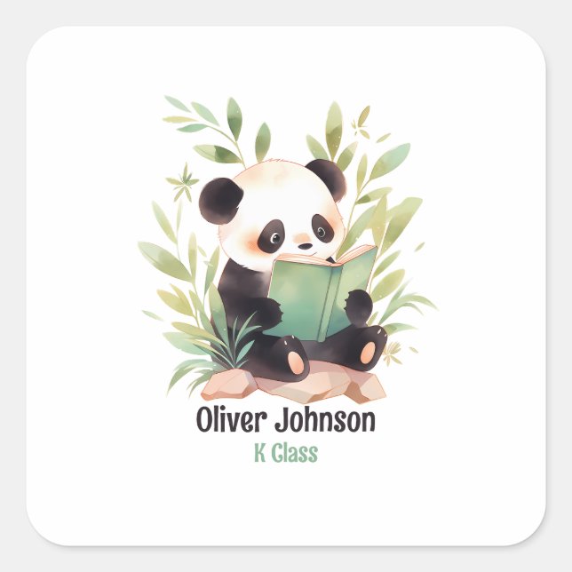 Sticker Carré Aquarelle Panda Lire Un Nom De Livre (Devant)
