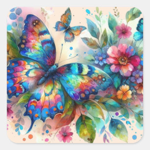 Sticker Carré Aquarelle Papillon Floral Fleurs Bleu rose