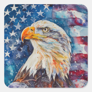Sticker Carré Aquarelle Patriotic Bald Eagle drapeau américain