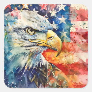Sticker Carré Aquarelle Patriotic Bald Eagle drapeau américain
