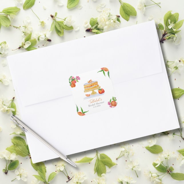 Sticker Carré Aquarelle Peach Cake Avec Fleurs Douche Nuptiale (Créateur téléchargé)