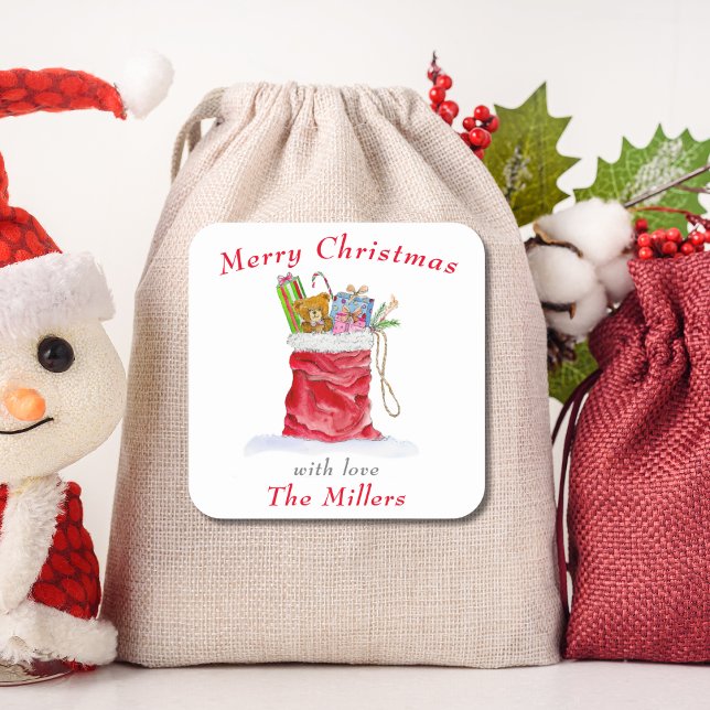 Sticker Carré Aquarelle Père Noël Sac cadeau Noël (Créateur téléchargé)