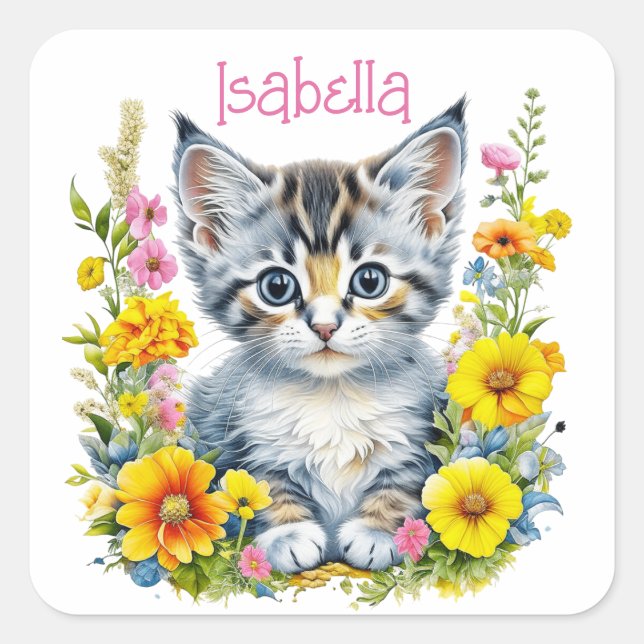 Sticker Carré Aquarelle personnalisée en gris chaton et fleurs (Devant)