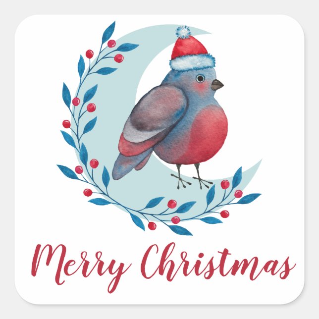 Sticker Carré Aquarelle personnalisée Oiseau de Noël sur la lune (Devant)