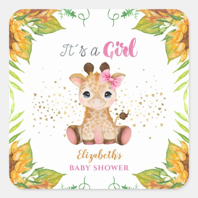 Sticker Carré Aquarelle Petit Giraffe Fleurs sauvages Baby showe (Devant)