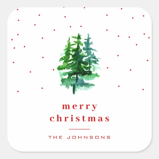 Sticker Carré Aquarelle Pine Arbres avec Joyeux Noël Rouge (Devant)