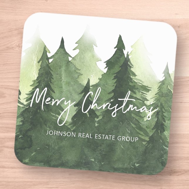 Sticker Carré Aquarelle Pine Arbres Business Joyeux Noël (Créateur téléchargé)