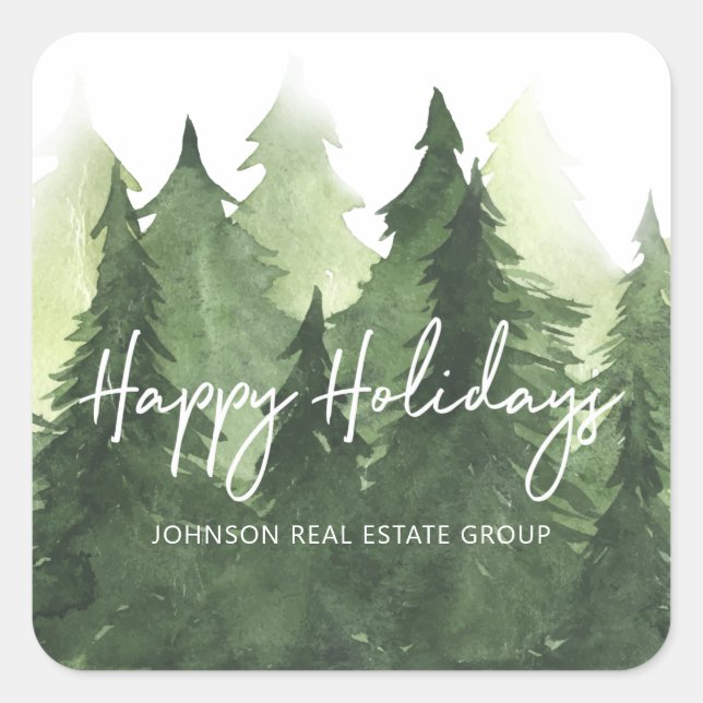 Sticker Carré Aquarelle Pine Arbres Business Joyeux Vacances (Devant)