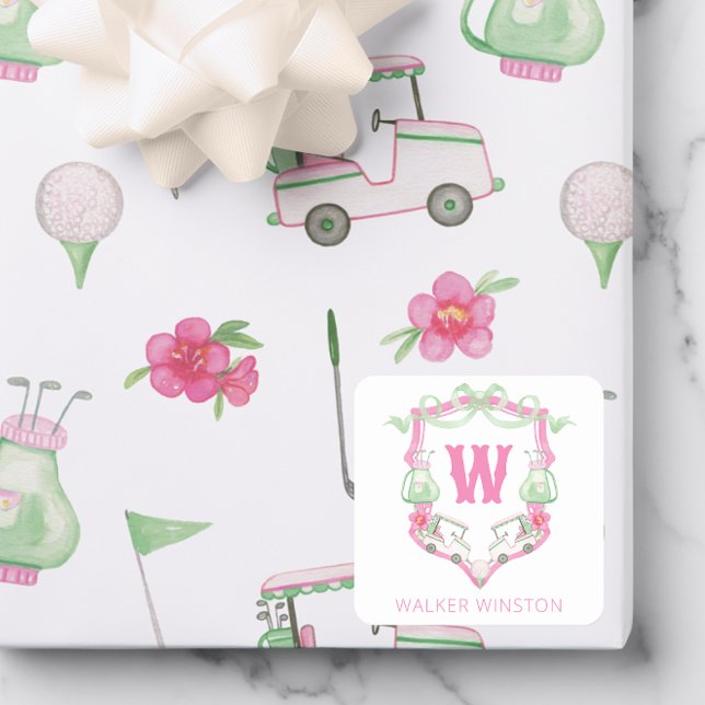 Sticker Carré Aquarelle Pink & Green Golf Panier Monogram Crest (Créateur téléchargé)