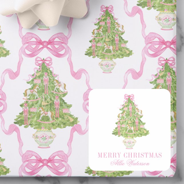 Sticker Carré Aquarelle Pink Nutcracker Tree Noël (Créateur téléchargé)