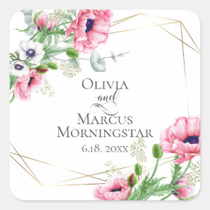 Sticker Carré Aquarelle Pink Poppies Anemones et Foliage