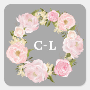 Sticker Carré Aquarelle Pis Rose Bleu Mariage Monogramme
