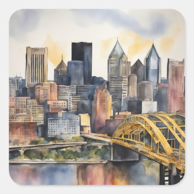 Sticker Carré Aquarelle Pittsburgh Cityscape (Devant)