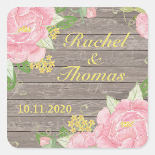 Sticker Carré Aquarelle pivoine rose sur le Mariage de bois Stic