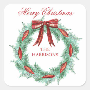 Sticker Carré Aquarelle Plaid Ruban Wreath Noël