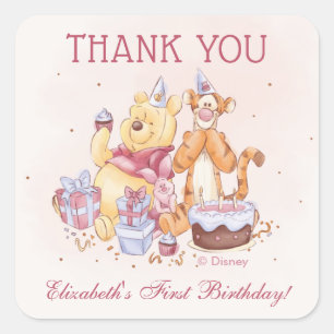 Sticker Carré Aquarelle Pooh & Friends   Merci d'anniversaire