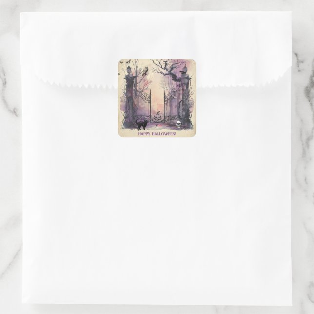 Sticker Carré Aquarelle Porte gothique Entrée Halloween (Sac)
