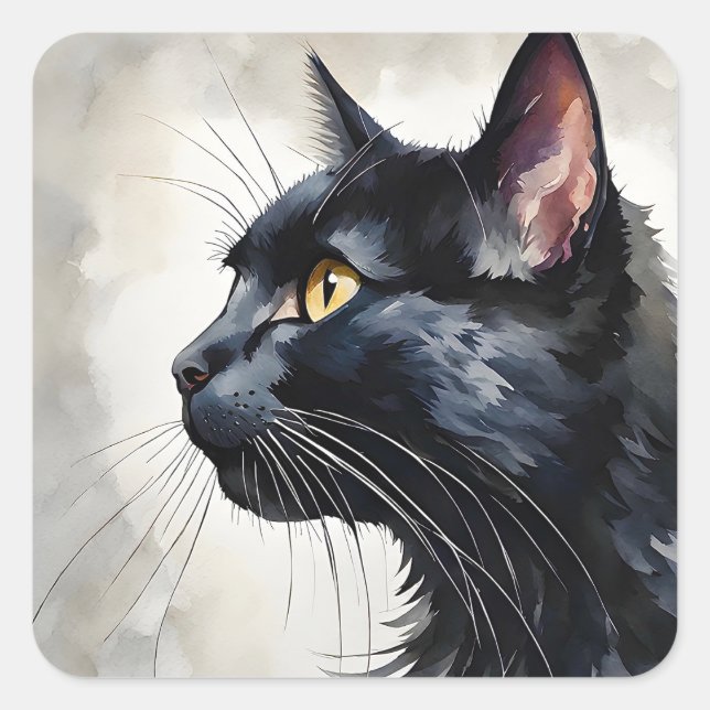 Sticker Carré Aquarelle Portrait de profil de chat noir Pose (Devant)