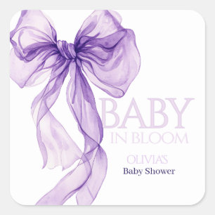Sticker Carré Aquarelle pourpre Bow bébé dans le Baby shower en