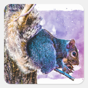 Sticker Carré Aquarelle pourpre écureuil Saint-Valentin