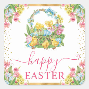 Sticker Carré Aquarelle Poussins et Oeufs Floral Joyeux Pâques