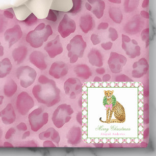 Sticker Carré Aquarelle Préppy Léopard Noël