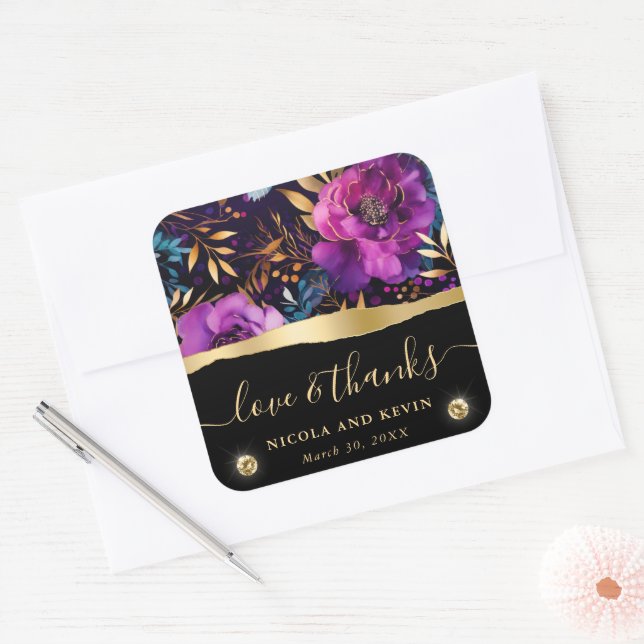 Sticker Carré Aquarelle Purple et Fleurs Turquoises Mariage (Enveloppe)