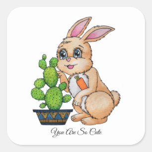 Sticker Carré Aquarelle Rabbit Et Cactus Mignons