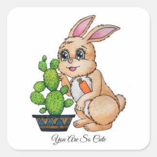 Sticker Carré Aquarelle Rabbit Et Cactus Mignons