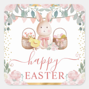 Sticker Carré Aquarelle Rabbit et Fleurs roses