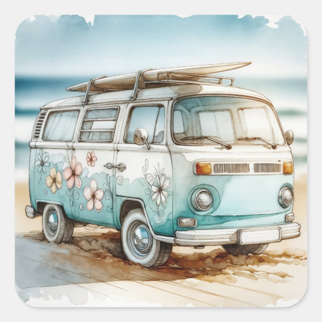 Sticker Carré Aquarelle Retro Campervan Avec Surf (Devant)