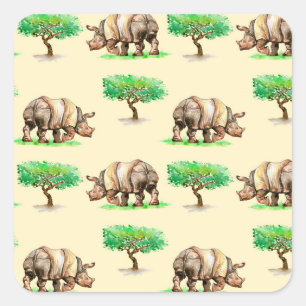 Sticker Carré Aquarelle Rhino : Motif peint à la main.