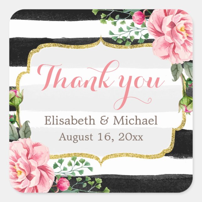 Sticker Carré Aquarelle romantique Floral Gold Stried Merci (Devant)