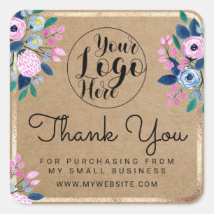 Sticker Carré Aquarelle rose bleu Floral or Merci Kraft
