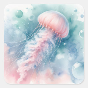 Sticker Carré Aquarelle rose délicate méduse