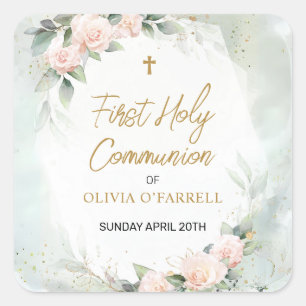 Sticker Carré Aquarelle rose douce Fleurs Première Communion sai