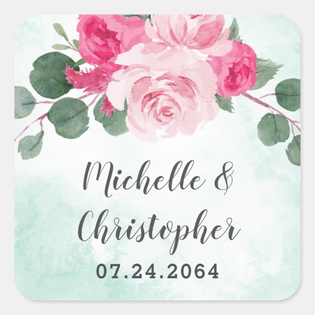 Sticker Carré Aquarelle rose et argent Mariage floral (Devant)