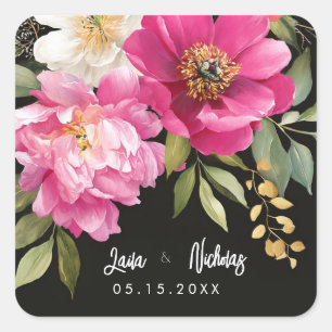 Sticker Carré Aquarelle rose et blanc Peony Mariage floral