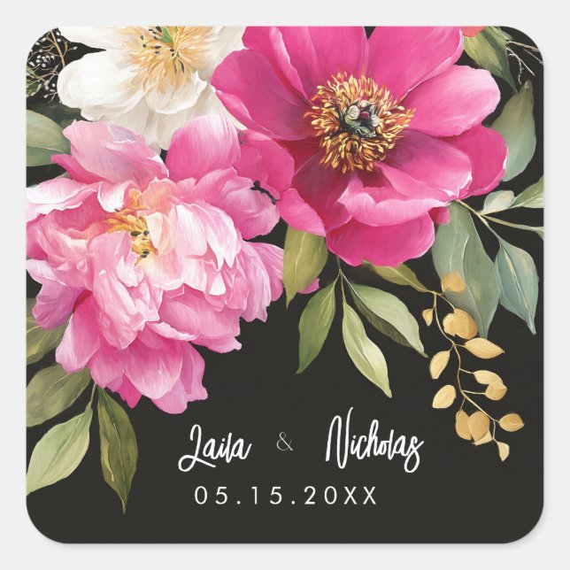 Sticker Carré Aquarelle rose et blanc Peony Mariage floral (Devant)