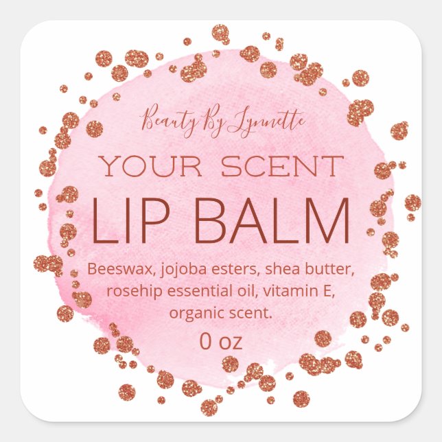Sticker Carré Aquarelle rose Et Dots D'Or Rose Lip Balm Étiquett (Devant)