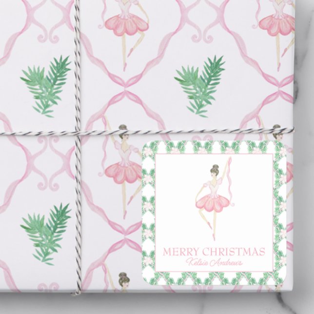 Sticker Carré Aquarelle rose et vert Noël Ballerinas Photo (Créateur téléchargé)