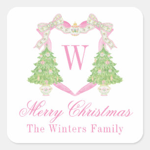 Sticker Carré Aquarelle rose et vert Noël Monogramme Crest