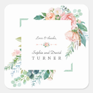 Sticker Carré Aquarelle rose Fleurs blanches Mariage cadre vert