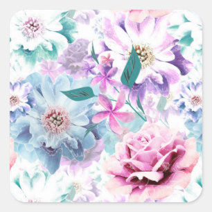 Sticker Carré Aquarelle rose, fleurs bleues.