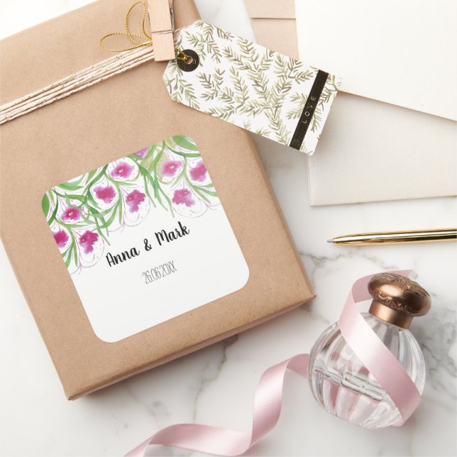 Sticker Carré Aquarelle rose Floral peinte à la main (Cadeaux)