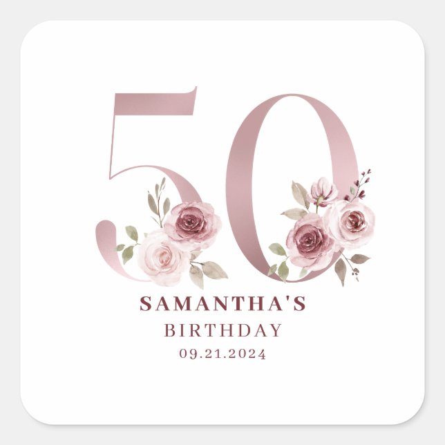Sticker Carré Aquarelle rose florale 50e anniversaire (Devant)